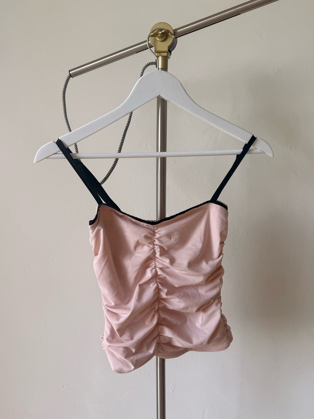 Ruched Pink Satin Cami Top with Black Trim